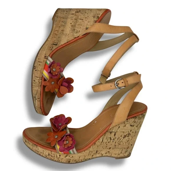 COACH Morgan Strappy Cork Wedges Heels Size 6.5 Floral Shoes - Picture 2 of 15